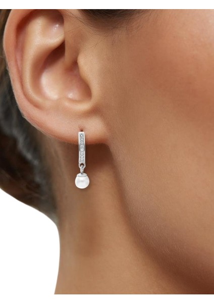 925 Ayar Gümüş Zirkon Taşlı Incili Halka Küpe 6 mm Inci