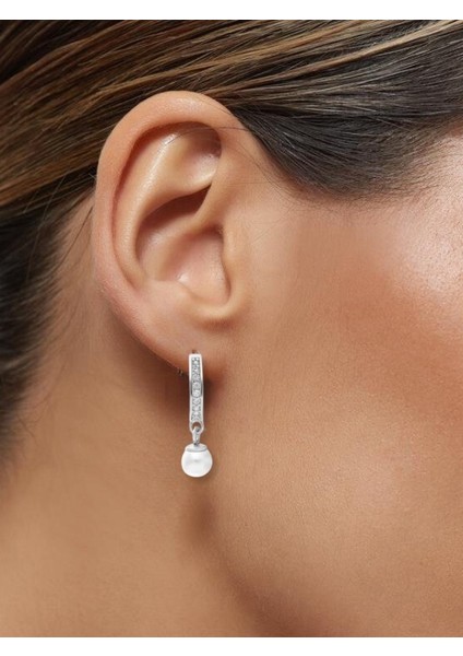 925 Ayar Gümüş Zirkon Taşlı Incili Halka Küpe 6 mm Inci