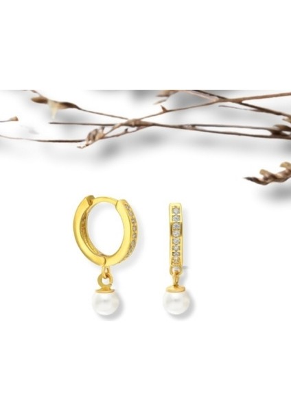925 Ayar Gümüş Zirkon Taşlı Incili Halka Küpe Gold Renk
