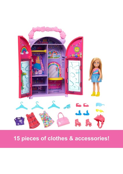 Chelsea Oyuncak Bebek ve Dolap Oyuncak Seti, 15 Parça Giysi ve Aksesuar Dahil, Katlanabilir S fiyatları