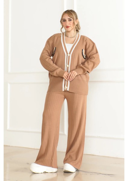 Kadın Triko Fitilli Hırka Pantolon Cep Detaylı Takım