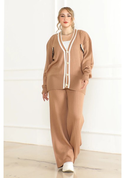 Kadın Triko Fitilli Hırka Pantolon Cep Detaylı Takım modelleri