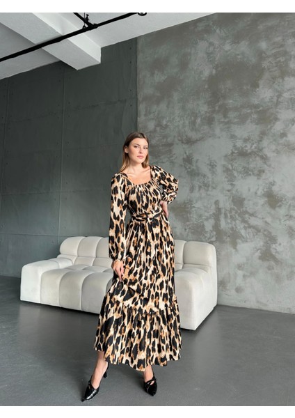 Kadın Leopar Desen Gipeli Kemerli Bürümcük Kumaş Elbise modelleri
