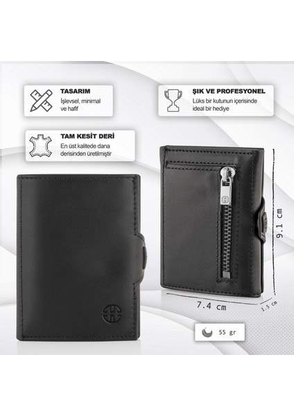 Verona Siyah Fermuarlı Unisex Hakiki Deri Rfid Korumalı Minimalist Bozuk Paralık Cepli Erkek Kadın Mini Cüzdan Hediye