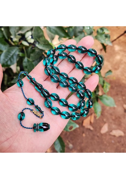 9X12 mm Ahmet Emin Imzalı Turkuaz Zar Kehribar Tesbih