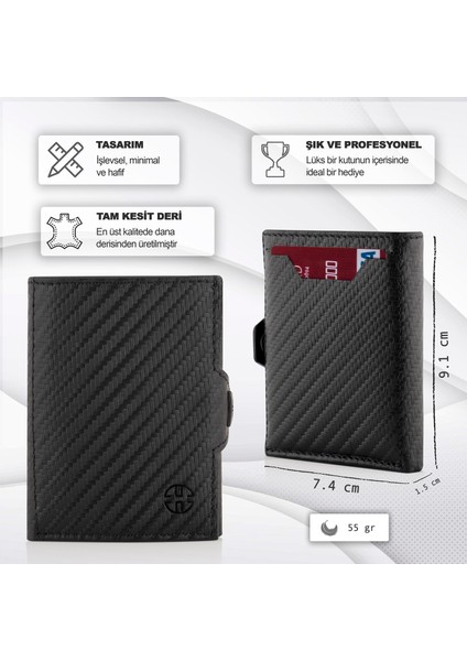 Verona Carbon Kartlık Unisex Hakiki Deri Rfid Korumalı Minimalist Erkek Kadın Mini Cüzdan Hediyelik Karbon