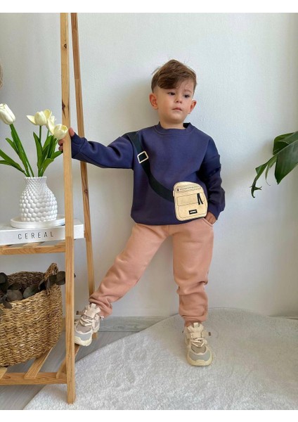 Sacro Kids Çanta Detaylı Eşofman-Sweatshirt 3 Iplik Şardonlu Kışlık Erkek Çocuk Takım