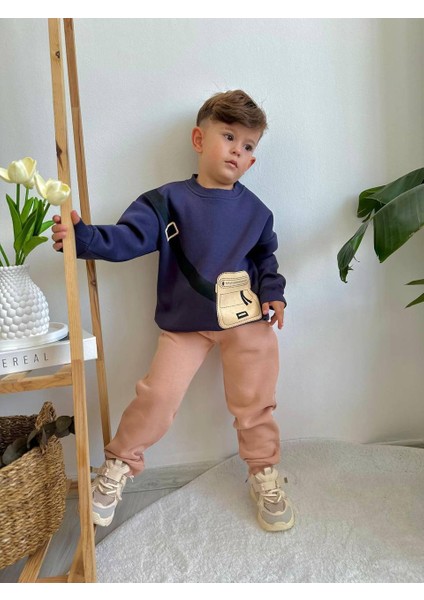 Sacro Kids Çanta Detaylı Eşofman-Sweatshirt 3 Iplik Şardonlu Kışlık Erkek Çocuk Takım