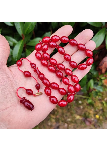 9X12 mm Ahmet Emin Imzalı Vişne Rengi Sıkma Kehribar Tesbih - Osmanlı Benzetme