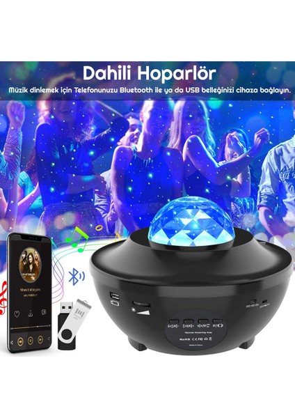 LED Yıldız Bluetooth USB Projektör Okyanus Dalgası Gece Lambası