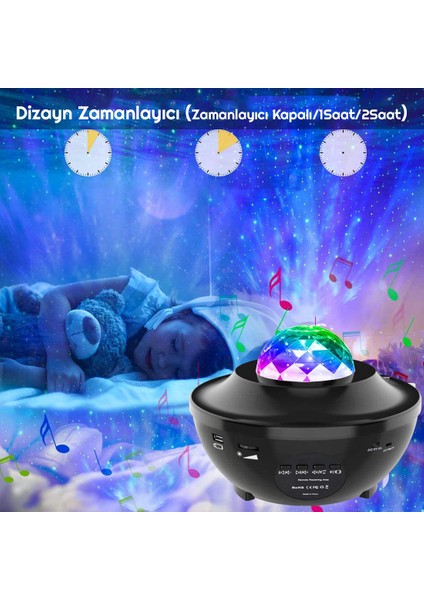 LED Yıldız Bluetooth USB Projektör Okyanus Dalgası Gece Lambası