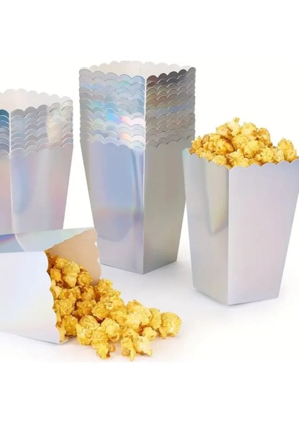 Metalik Parlak Gümüş Renk Mısır Kutusu - 8 Adet Popcorn & Cips Kutusu 8*11,5 cm