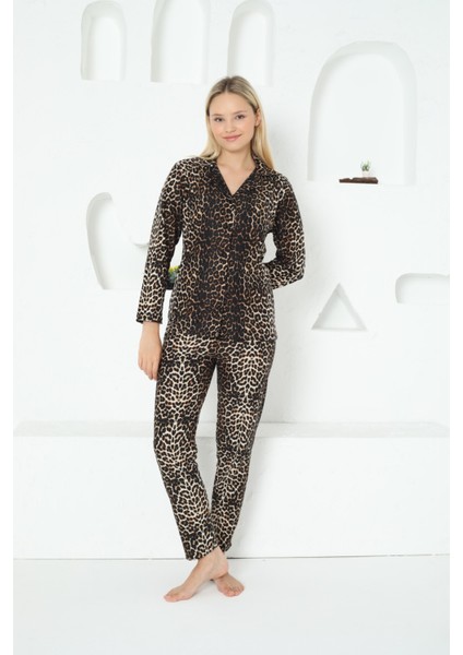 Almines Pijama Düğmeli Leopar Desenli Kadın Pijama Takımı
