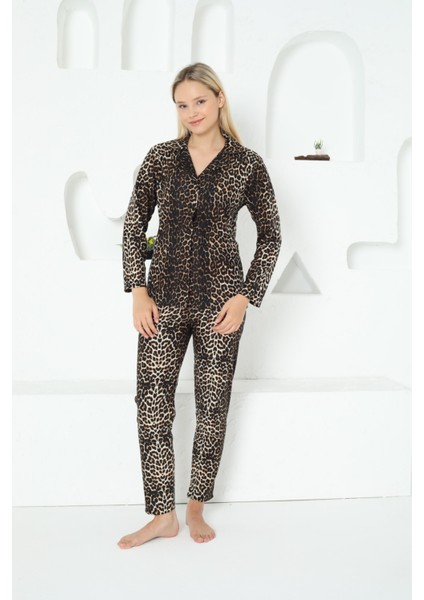 Almines Pijama Düğmeli Leopar Desenli Kadın Pijama Takımı fiyatları