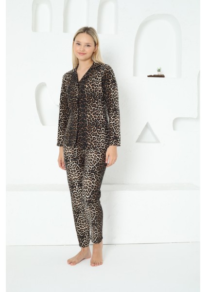 Almines Pijama Düğmeli Leopar Desenli Kadın Pijama Takımı modelleri