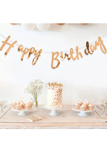 Metalik Parlak Rose Gold Happy Birthday Kaligrafi Yazı Banner Seti & Parlak Rose İyiki Doğdun Yazı Süsü