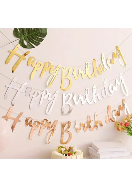 Metalik Parlak Rose Gold Happy Birthday Kaligrafi Yazı Banner Seti & Parlak Rose İyiki Doğdun Yazı Süsü