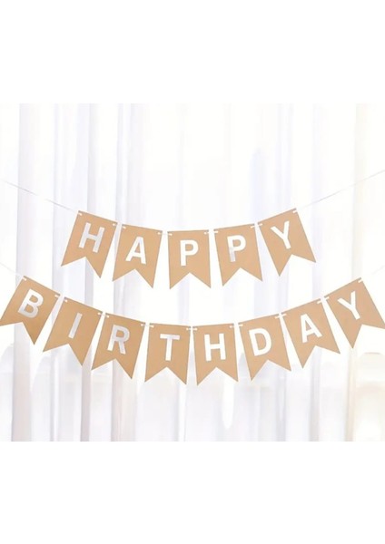 Kraft Zemine Beyaz Yazılı Happy Birthday Banner & Retro Tarz Iyiki Doğdun Yazı Süsü