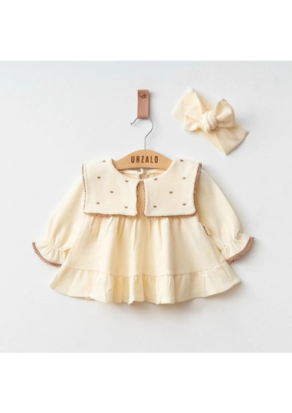 Kalp Nakışlı Kare Mendil Yakalı %100 Pamuk Waffle Dokuma Kız Bebek Dantelli Elbise ve Bandana Takım