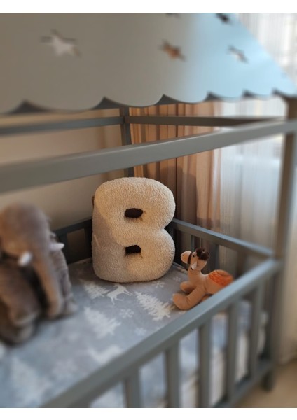 Peluş B Harf Yastık, Dekoratif Kırlent, Kuzu Teddy Kumaş, Büyük Boy , Tüm Harfler ,boncuk Elyaf Dolgu