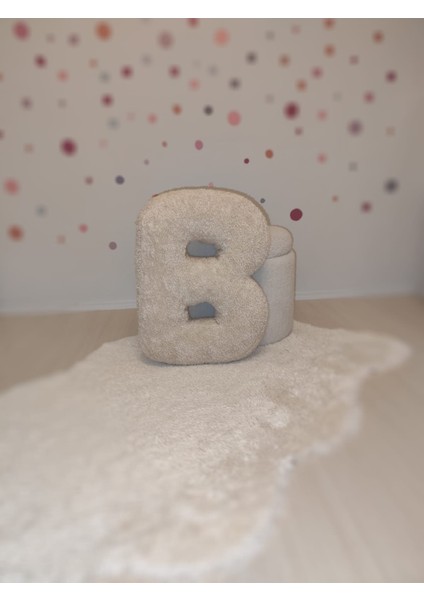 Peluş B Harf Yastık, Dekoratif Kırlent, Kuzu Teddy Kumaş, Büyük Boy , Tüm Harfler ,boncuk Elyaf Dolgu modelleri