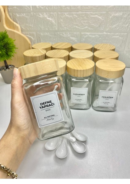 12'li 500ML Bambu Kapaklı Baharat Seti Kaşıklı Etiketli Baharatlık