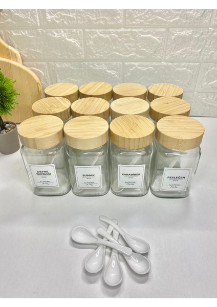 12'li 500ML Bambu Kapaklı Baharat Seti Kaşıklı Etiketli Baharatlık