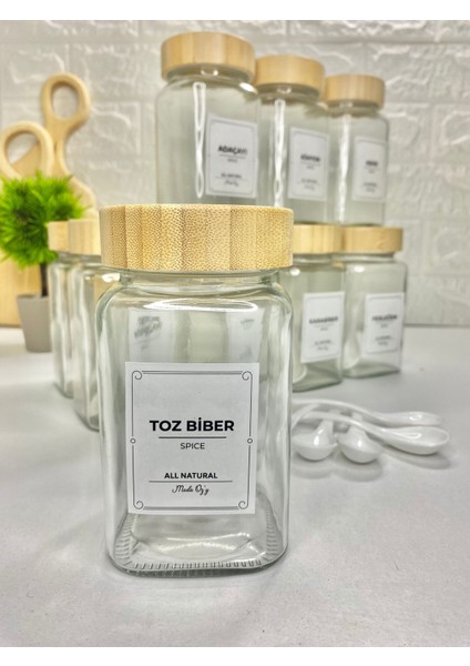 12'li 500ML Bambu Kapaklı Baharat Seti Kaşıklı Etiketli Baharatlık