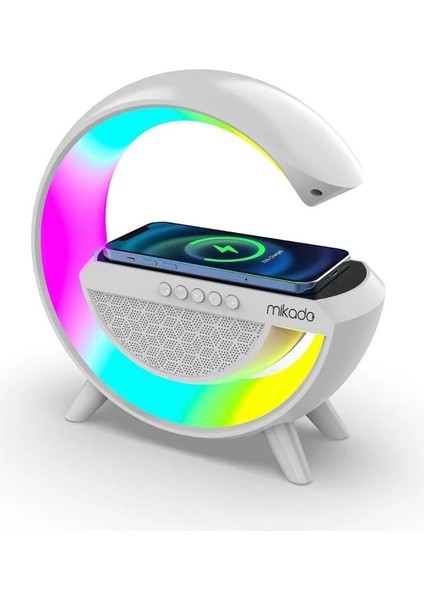 BYARS-MD-G111 Beyaz RGB10W 1800MAH 10 Metre Mesafeli BLUETOOTH/TF/USB/15W Wireless Şarj Rgb Işıklı Speaker Masa Lambası Özelllikli Kablosuz Şarj Özellikli-Byars