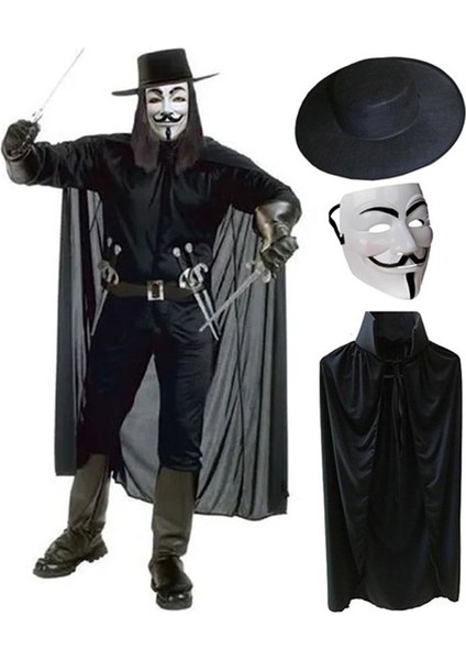 V For Vendetta Maskesi Şapkası ve Pelerin Kostüm Seti Yetişkin Boy