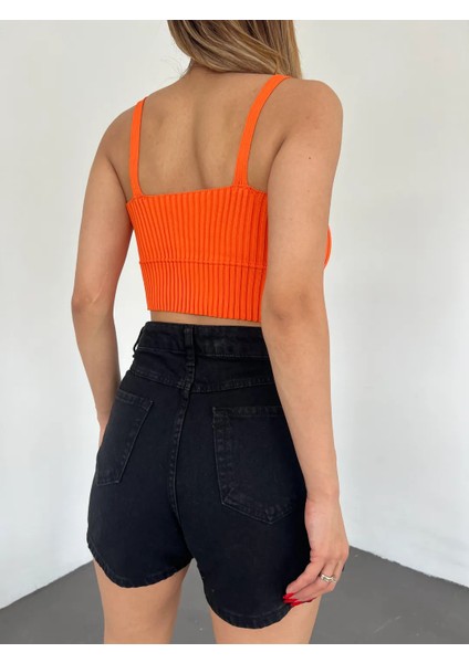 V Yaka Askılı Crop Triko Büstiyer Turuncu - DF2202 modelleri