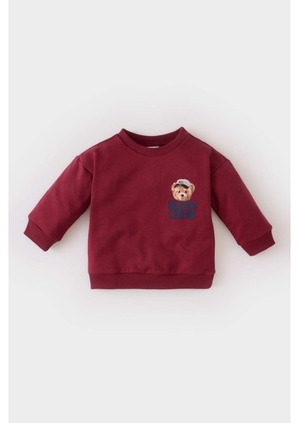 Erkek Bebek Bisiklet Yaka Ayı Baskılı İçi Yumuşak Tüylü Sweatshirt D6757A524WN