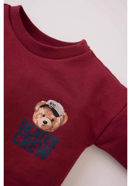 Erkek Bebek Bisiklet Yaka Ayı Baskılı İçi Yumuşak Tüylü Sweatshirt D6757A524WN