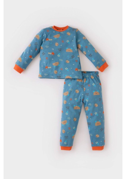 Erkek Bebek Pijama Takımı Bisiklet Yaka Ayı Baskılı Uzun Kollu Üst Beli Lastikli Uzun Alt D7152A524WN