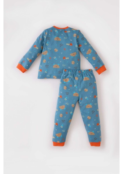 Erkek Bebek Pijama Takımı Bisiklet Yaka Ayı Baskılı Uzun Kollu Üst Beli Lastikli Uzun Alt D7152A524WN