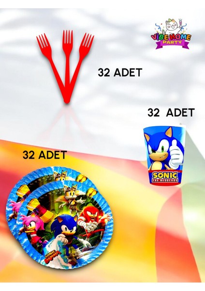 32 Kişilik Sonic Temalı Süper Eko Seti - Doğum Günü Parti ve Eğlenceli Etkinlikler