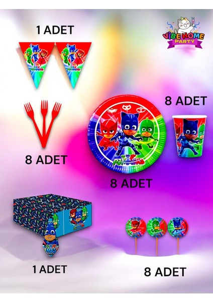 8 Kişilik Pijamask Temalı Premium Set - Doğum Günü Parti ve Eğlenceli Etkinlikler