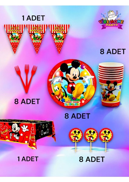 8 Kişilik Mickey Mouse Temalı Premium Set - Doğum Günü Parti ve Eğlenceli Etkinlikler