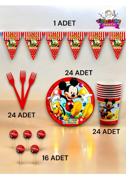 24 Kişilik Mickey Mouse Temalı Eko Set - Doğum Günü Parti ve Eğlenceli Etkinlikler