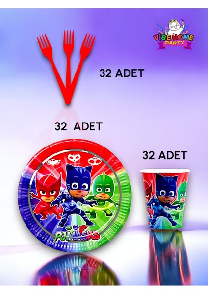 32 Kişilik Pijamask Temalı Süper Eko Seti - Doğum Günü Parti ve Eğlenceli Etkinlikler