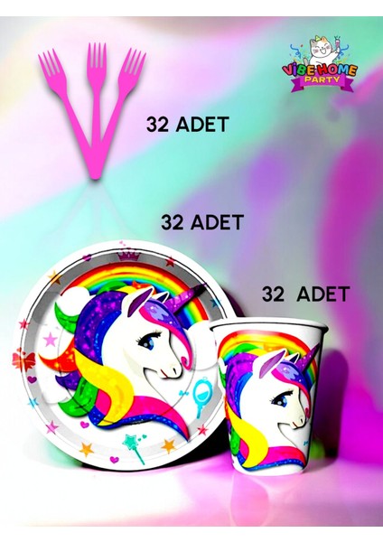 32 Kişilik Unicorn Temalı Süper Eko Seti - Doğum Günü Parti ve Eğlenceli Etkinlikler