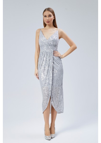 Kruvaze Yaka Ip Askılı Payet Abiye Elbise