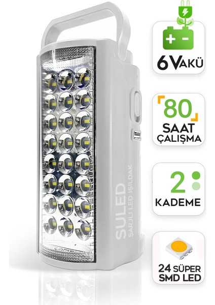 Kamp Lambası 6V Akülü 80 Saat - 3 gün Aydınlatma 24 Smd LED Işıldak Lamba 220V Şarj