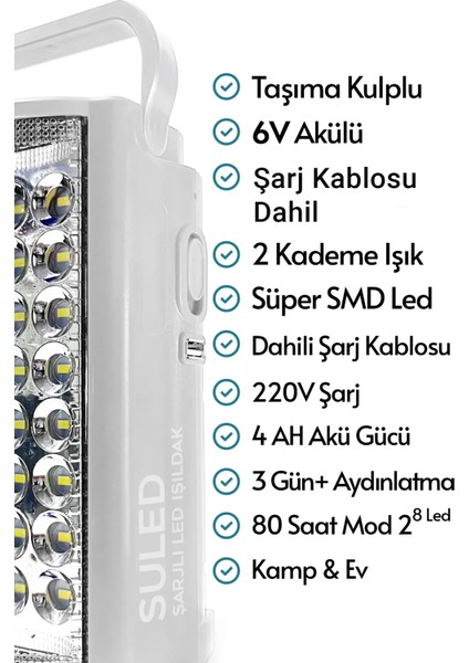 Kamp Lambası 6V Akülü 80 Saat - 3 gün Aydınlatma 24 Smd LED Işıldak Lamba 220V Şarj