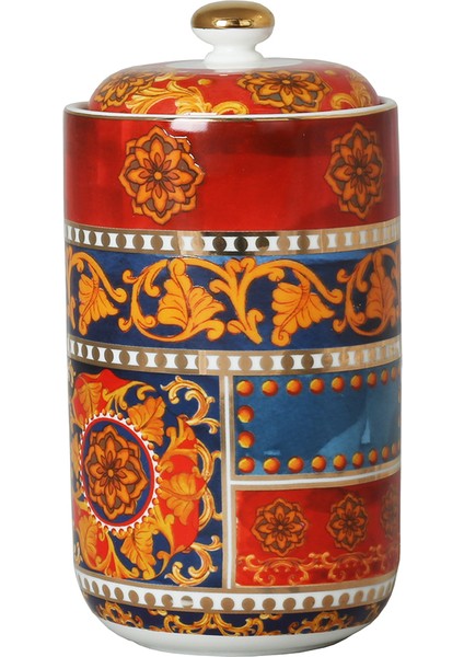 Lucky Art Clarissa Bone China Porselen Mavi Beyaz Naturel Barok Desenli Kapaklı Kavanoz 21 cm