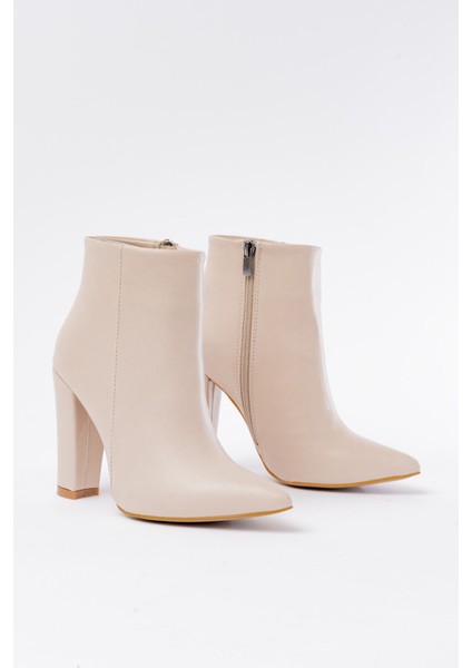 Infon Ayakkabı Marketi VRT-4801 Bej Yüksek Kalın Topuklu Fermuarlı Kadın Bot modelleri