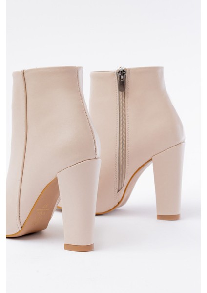Infon Ayakkabı Marketi VRT-4801 Bej Yüksek Kalın Topuklu Fermuarlı Kadın Bot indirimleri