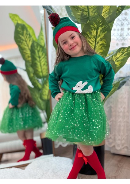 Yılbaşı Konseptli Tütü Etekli Alt Üst Takım Yeşil 3 Parça fiyatları