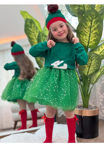 Yılbaşı Konseptli Tütü Etekli Alt Üst Takım Yeşil 3 Parça modelleri