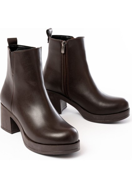 Infon Ayakkabı Marketi 5109-3057 Kahverengi Lastikli Fermuarlı Kalın Topuklu Günlük Kadın Bot modelleri